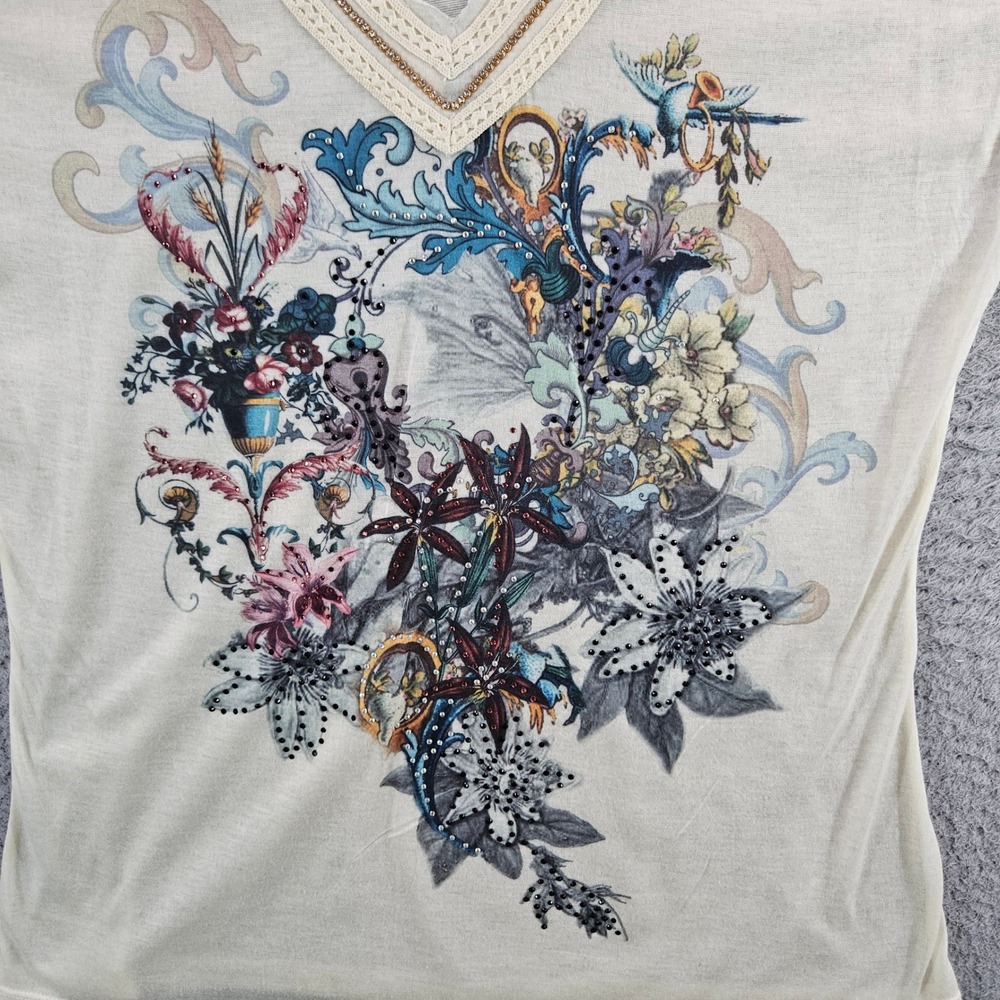 Alberto Makali Womens Ivory Floral Rhinestone V-Neck Cap Sleeve Top Size L - Picture 9 of 9